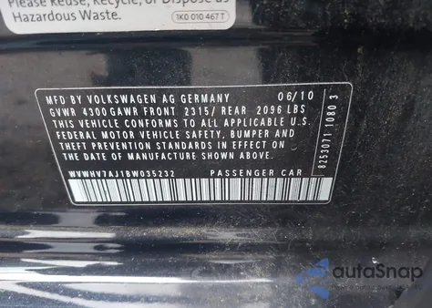 2011 Volkswagen Gti 4-Door Autobahn from USA, damaged, VIN WVWHV7AJ1BW035232